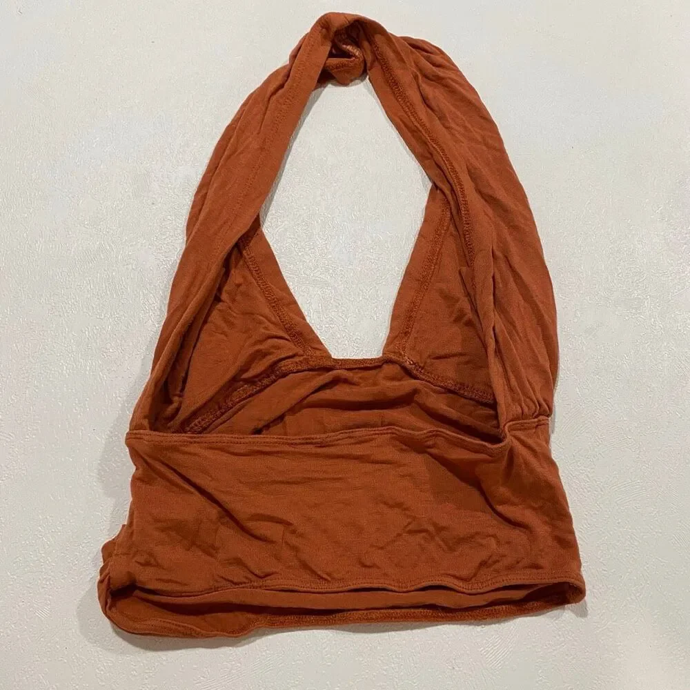 Free People FP One Rust Orange Halter Top S Plunge Ruched Y2K Boho
